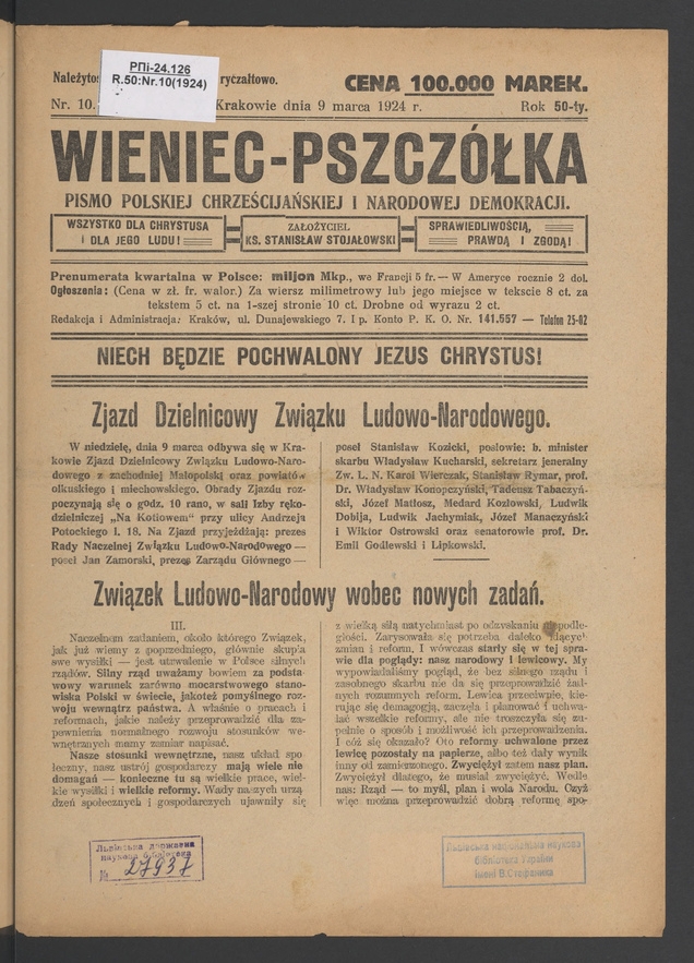 Wieniec-Pszcz&oacute;łka&nbsp;: pismo polskiej chrześcijańskiej i&nbsp;narodowej demokracji. Rok&nbsp;50, 1924, numer&nbsp;10
