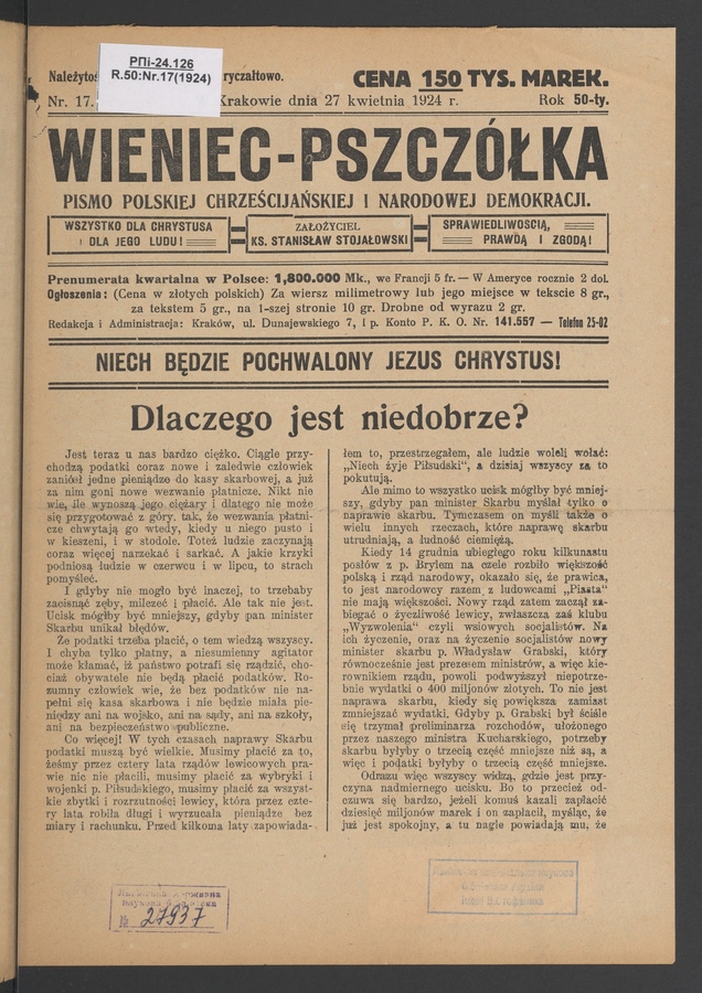Wieniec-Pszcz&oacute;łka&nbsp;: pismo polskiej chrześcijańskiej i&nbsp;narodowej demokracji. Rok&nbsp;50, 1924, numer&nbsp;17