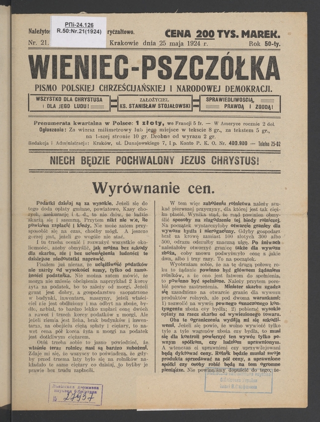 Wieniec-Pszcz&oacute;łka&nbsp;: pismo polskiej chrześcijańskiej i&nbsp;narodowej demokracji. Rok&nbsp;50, 1924, numer&nbsp;21