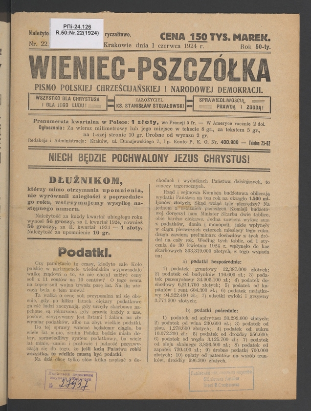 Wieniec-Pszcz&oacute;łka&nbsp;: pismo polskiej chrześcijańskiej i&nbsp;narodowej demokracji. Rok&nbsp;50, 1924, numer&nbsp;22
