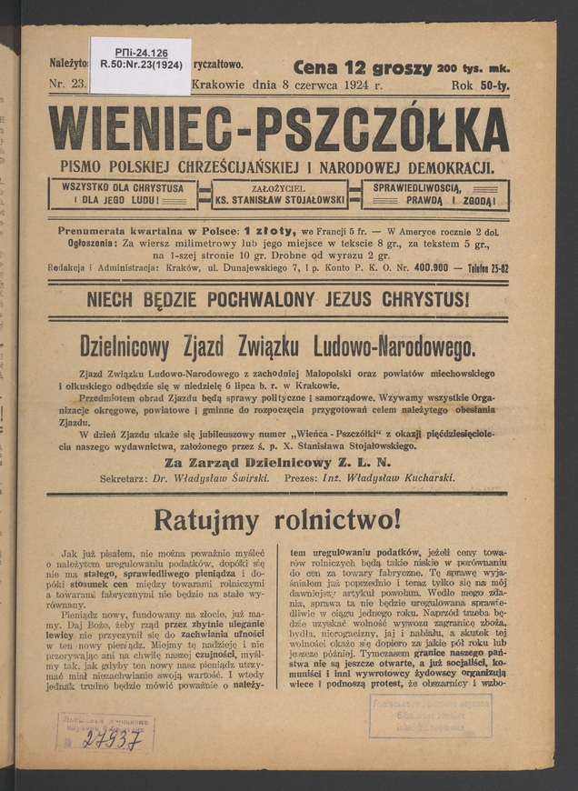Wieniec-Pszcz&oacute;łka&nbsp;: pismo polskiej chrześcijańskiej i&nbsp;narodowej demokracji. Rok&nbsp;50, 1924, numer&nbsp;23