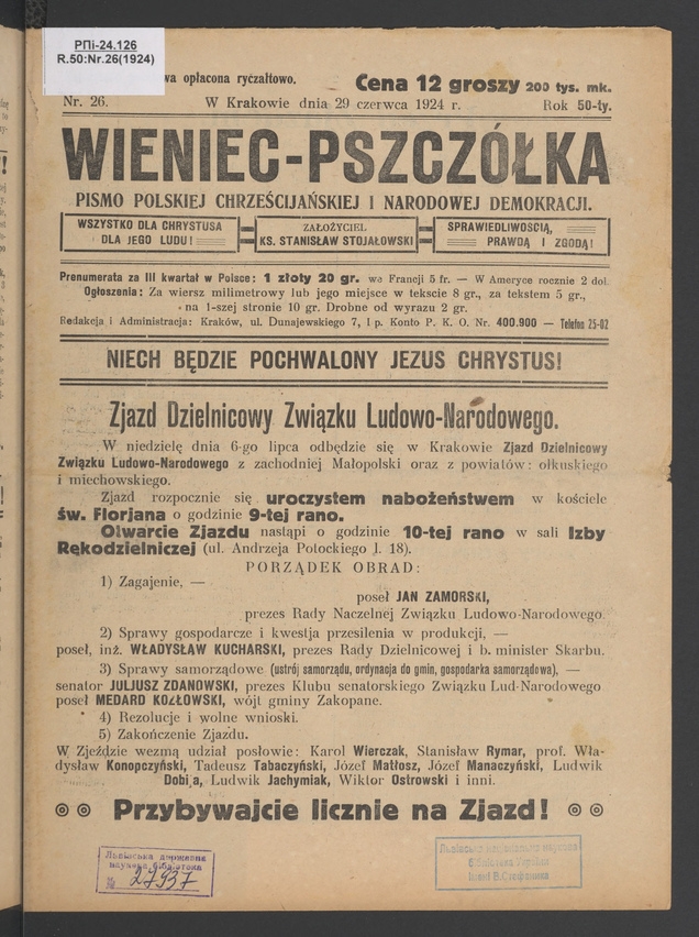 Wieniec-Pszcz&oacute;łka&nbsp;: pismo polskiej chrześcijańskiej i&nbsp;narodowej demokracji. Rok&nbsp;50, 1924, numer&nbsp;26