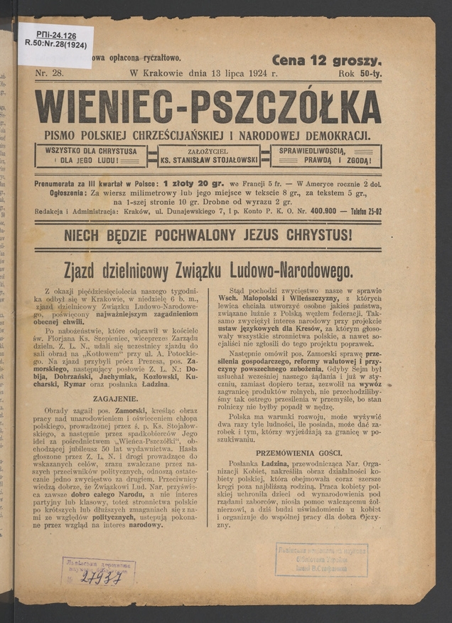 Wieniec-Pszcz&oacute;łka&nbsp;: pismo polskiej chrześcijańskiej i&nbsp;narodowej demokracji. Rok&nbsp;50, 1924, numer&nbsp;28