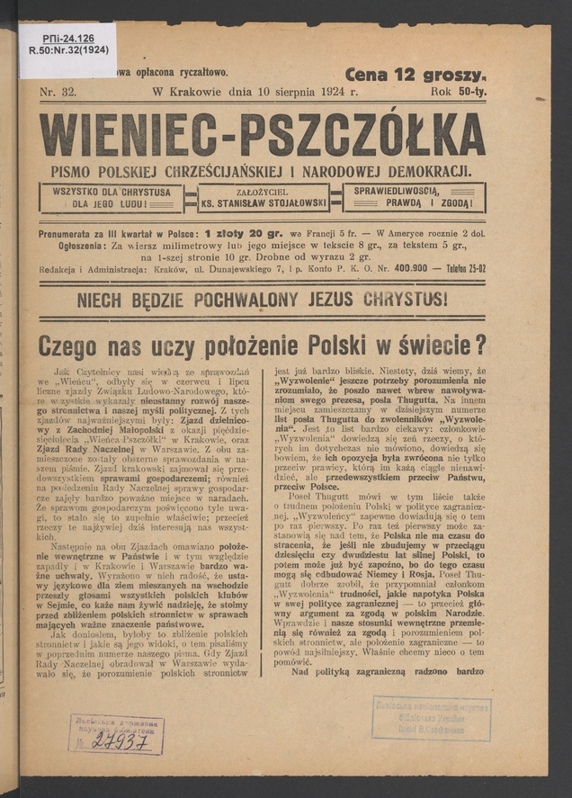 Wieniec-Pszcz&oacute;łka&nbsp;: pismo polskiej chrześcijańskiej i&nbsp;narodowej demokracji. Rok&nbsp;50, 1924, numer&nbsp;32