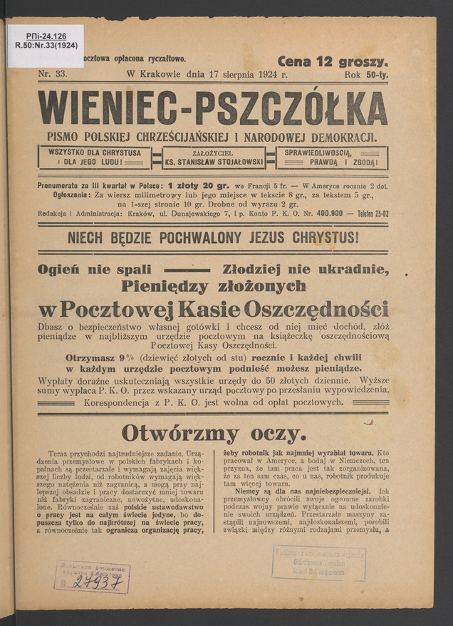 Wieniec-Pszcz&oacute;łka&nbsp;: pismo polskiej chrześcijańskiej i&nbsp;narodowej demokracji. Rok&nbsp;50, 1924, numer&nbsp;33