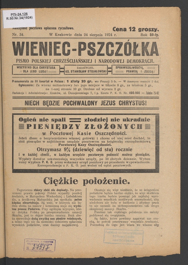 Wieniec-Pszcz&oacute;łka&nbsp;: pismo polskiej chrześcijańskiej i&nbsp;narodowej demokracji. Rok&nbsp;50, 1924, numer&nbsp;34