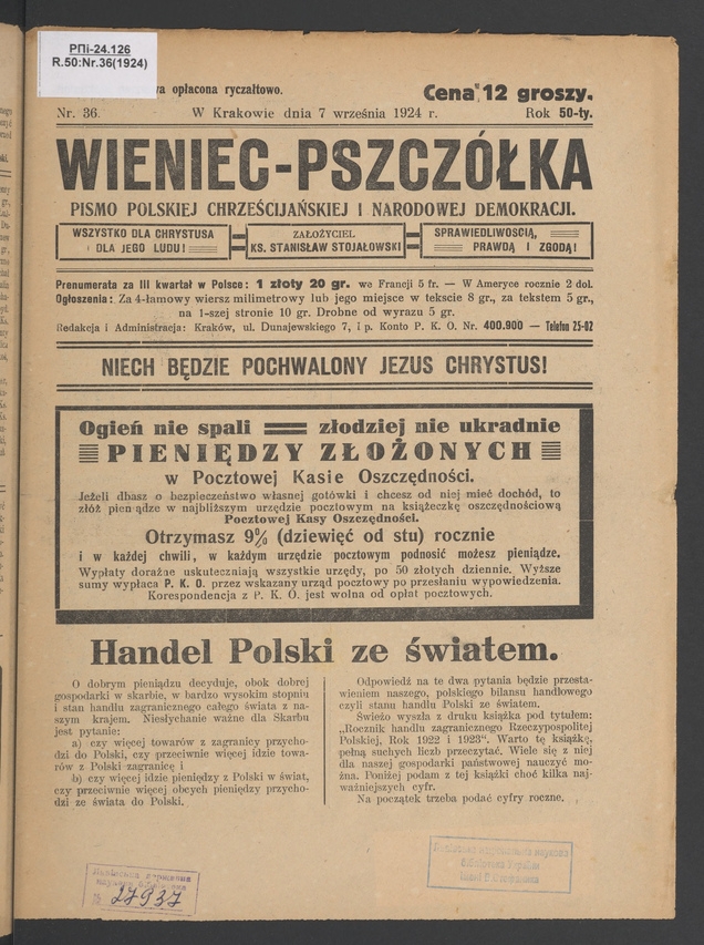 Wieniec-Pszcz&oacute;łka&nbsp;: pismo polskiej chrześcijańskiej i&nbsp;narodowej demokracji. Rok&nbsp;50, 1924, numer&nbsp;36