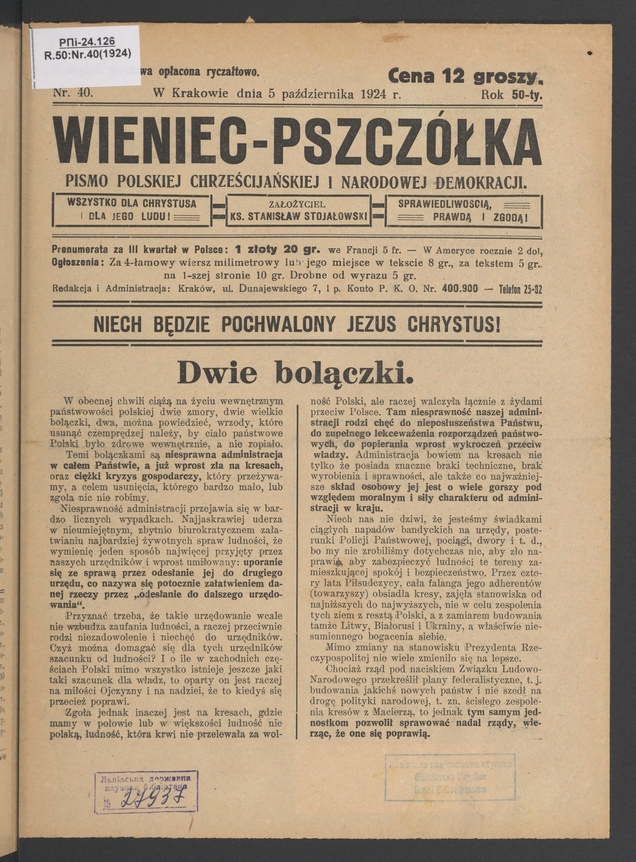 Wieniec-Pszczółka : pismo polskiej chrześcijańskiej i narodowej demokracji. Rok 50, 1924, numer 40