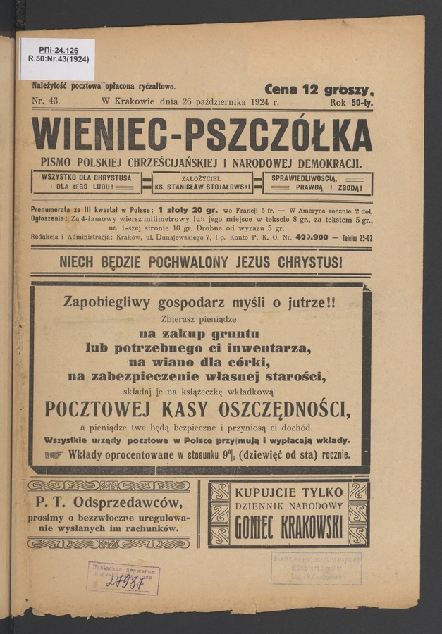 Wieniec-Pszcz&oacute;łka&nbsp;: pismo polskiej chrześcijańskiej i&nbsp;narodowej demokracji. Rok&nbsp;50, 1924, numer&nbsp;43