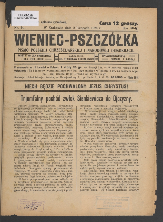 Wieniec-Pszcz&oacute;łka&nbsp;: pismo polskiej chrześcijańskiej i&nbsp;narodowej demokracji. Rok&nbsp;50, 1924, numer&nbsp;44