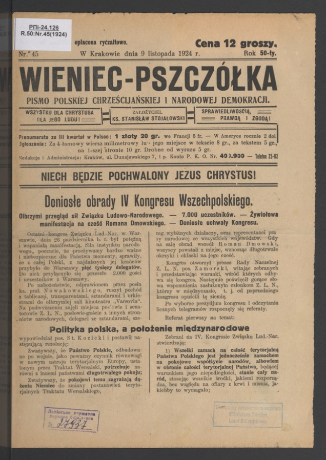 Wieniec-Pszczółka : pismo polskiej chrześcijańskiej i narodowej demokracji. Rok 50, 1924, numer 45