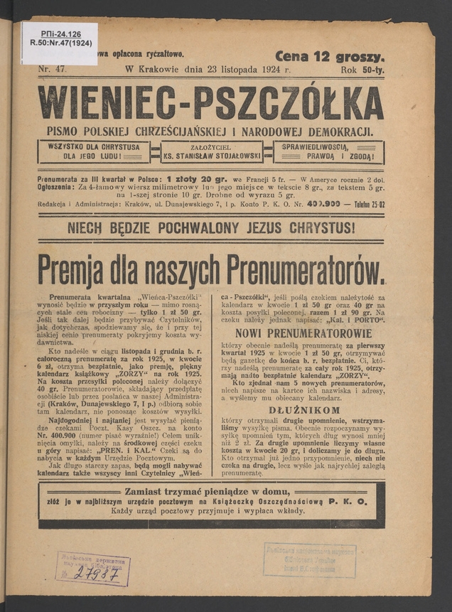 Wieniec-Pszczółka : pismo polskiej chrześcijańskiej i narodowej demokracji. Rok 50, 1924, numer 47
