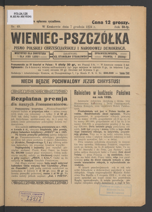 Wieniec-Pszcz&oacute;łka&nbsp;: pismo polskiej chrześcijańskiej i&nbsp;narodowej demokracji. Rok&nbsp;50, 1924, numer&nbsp;49