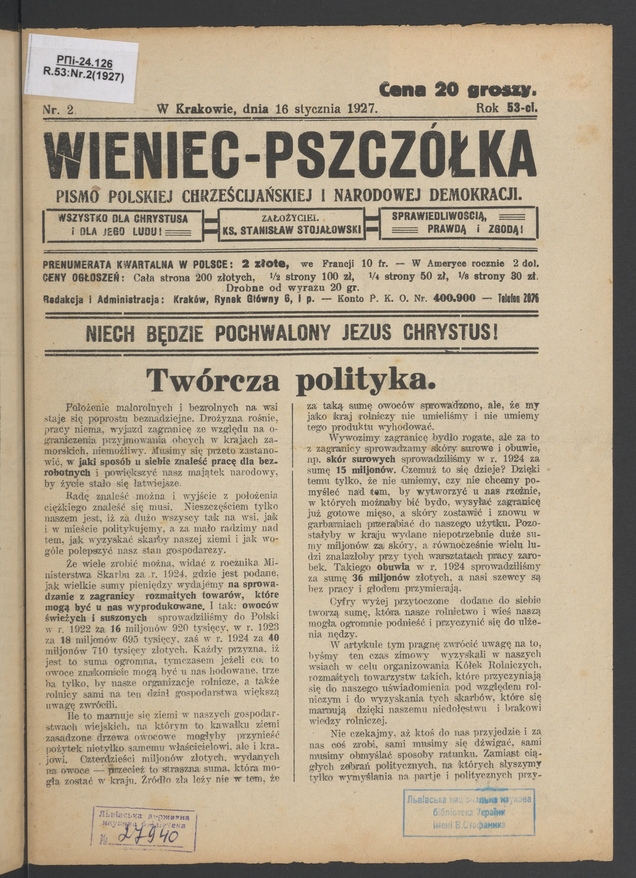 Wieniec-Pszcz&oacute;łka&nbsp;: pismo polskiej chrześcijańskiej i&nbsp;narodowej demokracji. Rok&nbsp;53, 1927, numer&nbsp;2