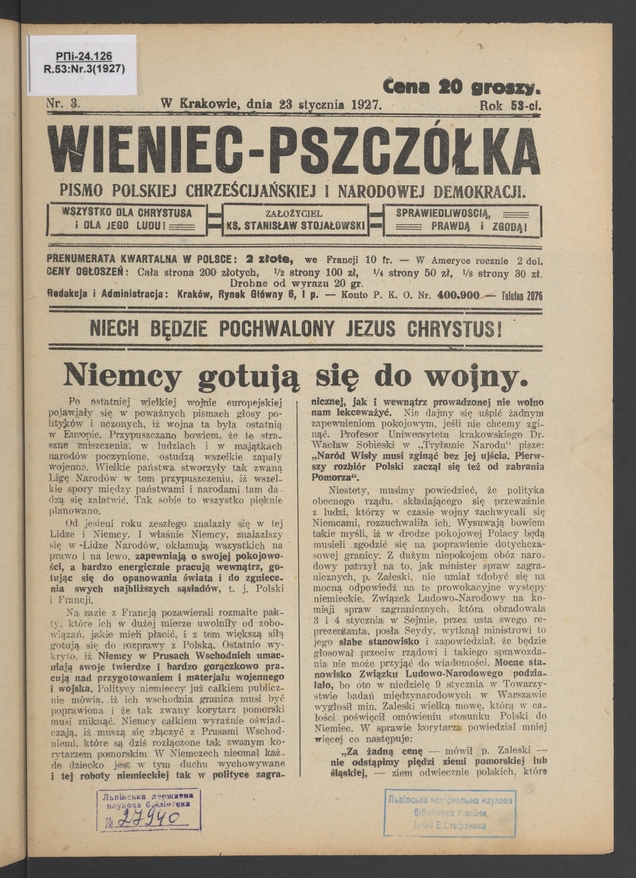 Wieniec-Pszcz&oacute;łka&nbsp;: pismo polskiej chrześcijańskiej i&nbsp;narodowej demokracji. Rok&nbsp;53, 1927, numer&nbsp;3