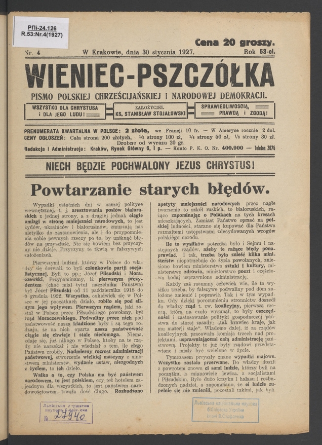 Wieniec-Pszcz&oacute;łka&nbsp;: pismo polskiej chrześcijańskiej i&nbsp;narodowej demokracji. Rok&nbsp;53, 1927, numer&nbsp;4