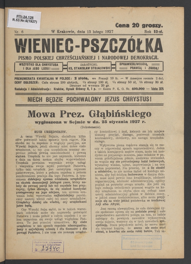 Wieniec-Pszcz&oacute;łka&nbsp;: pismo polskiej chrześcijańskiej i&nbsp;narodowej demokracji. Rok&nbsp;53, 1927, numer&nbsp;6