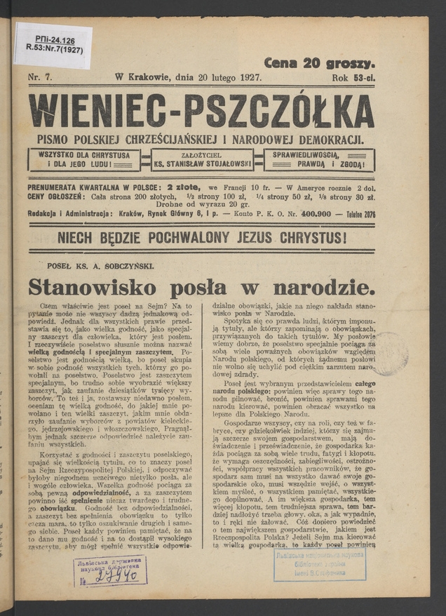 Wieniec-Pszczółka : pismo polskiej chrześcijańskiej i narodowej demokracji. Rok 53, 1927, numer 7