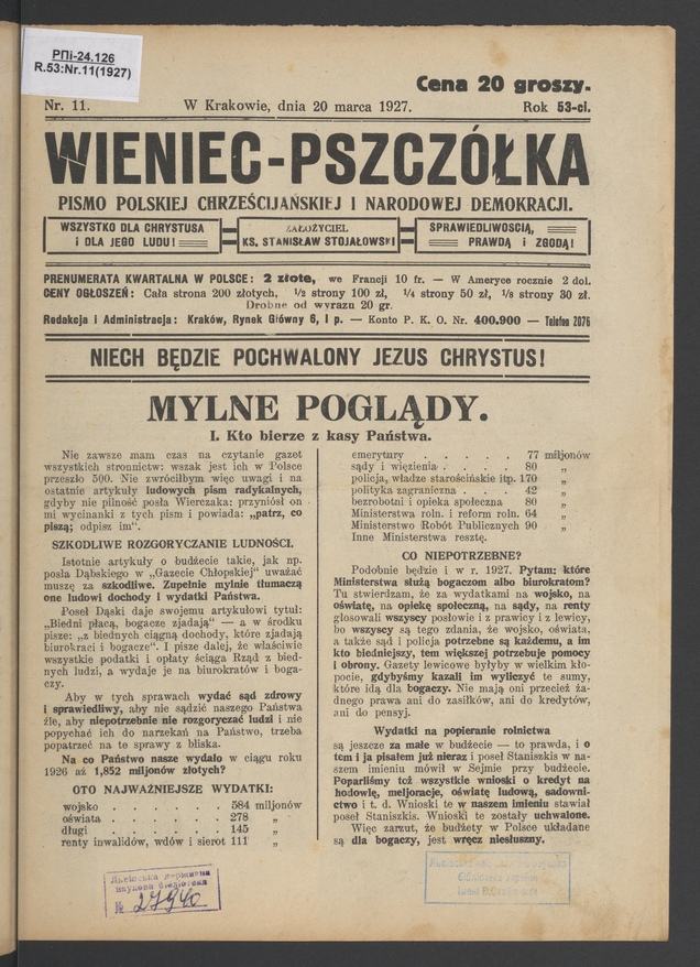 Wieniec-Pszcz&oacute;łka&nbsp;: pismo polskiej chrześcijańskiej i&nbsp;narodowej demokracji. Rok&nbsp;53, 1927, numer&nbsp;11