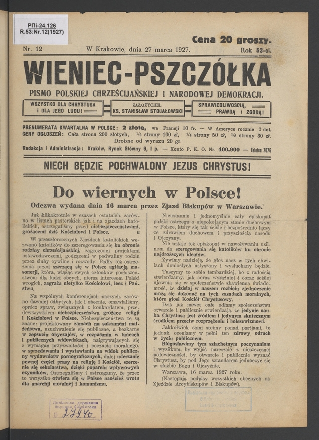 Wieniec-Pszcz&oacute;łka&nbsp;: pismo polskiej chrześcijańskiej i&nbsp;narodowej demokracji. Rok&nbsp;53, 1927, numer&nbsp;12