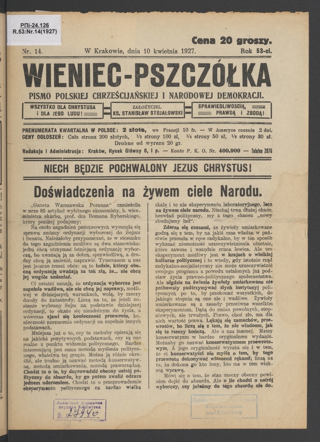 Wieniec-Pszczółka : pismo polskiej chrześcijańskiej i narodowej demokracji. Rok 53, 1927, numer 14