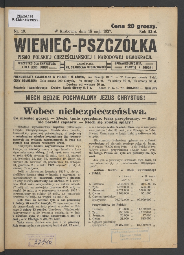 Wieniec-Pszcz&oacute;łka&nbsp;: pismo polskiej chrześcijańskiej i&nbsp;narodowej demokracji. Rok&nbsp;53, 1927, numer&nbsp;19