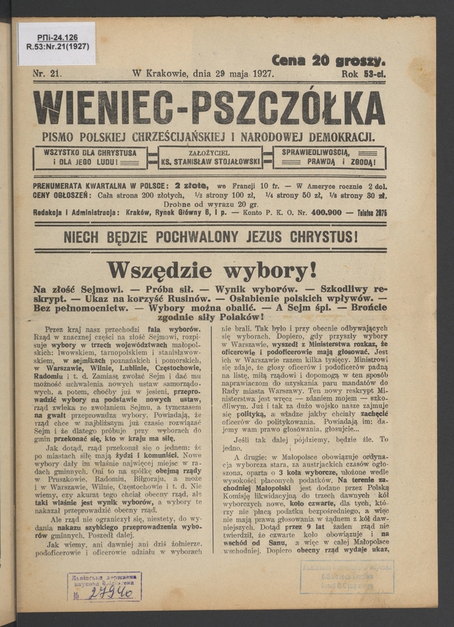 Wieniec-Pszcz&oacute;łka&nbsp;: pismo polskiej chrześcijańskiej i&nbsp;narodowej demokracji. Rok&nbsp;53, 1927, numer&nbsp;21