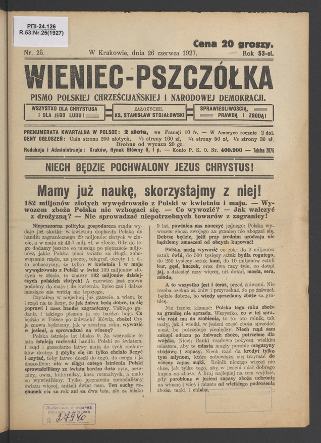 Wieniec-Pszcz&oacute;łka&nbsp;: pismo polskiej chrześcijańskiej i&nbsp;narodowej demokracji. Rok&nbsp;53, 1927, numer&nbsp;25