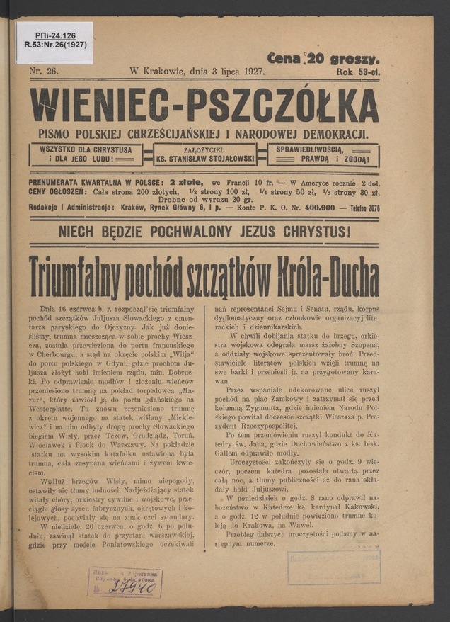 Wieniec-Pszcz&oacute;łka&nbsp;: pismo polskiej chrześcijańskiej i&nbsp;narodowej demokracji. Rok&nbsp;53, 1927, numer&nbsp;26