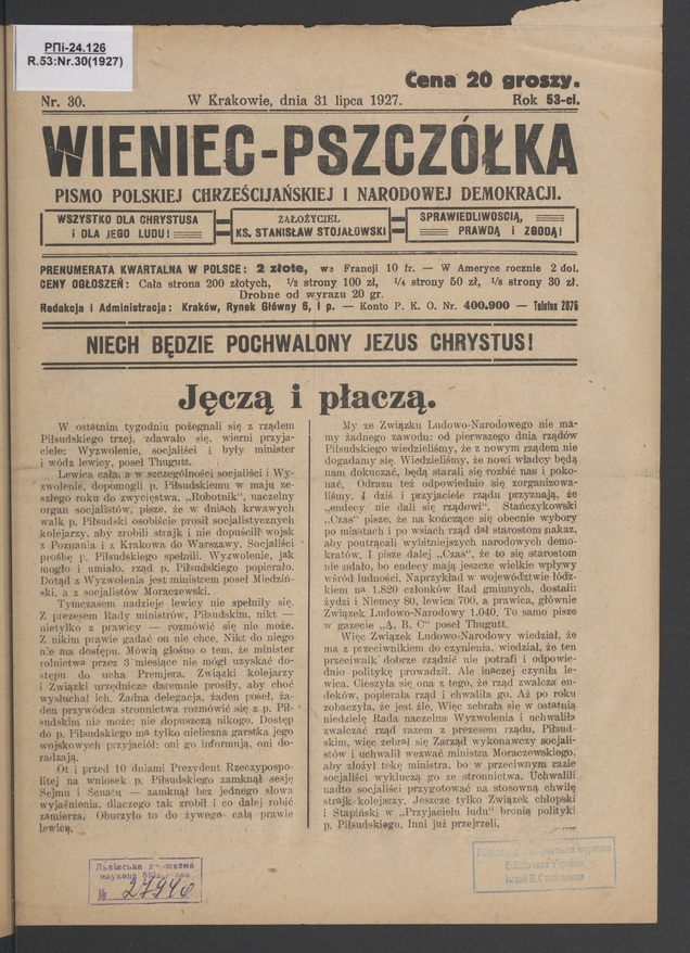 Wieniec-Pszczółka : pismo polskiej chrześcijańskiej i narodowej demokracji. Rok 53, 1927, numer 30
