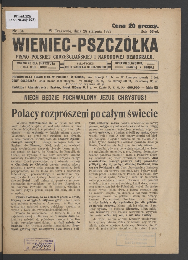 Wieniec-Pszczółka : pismo polskiej chrześcijańskiej i narodowej demokracji. Rok 53, 1927, numer 34