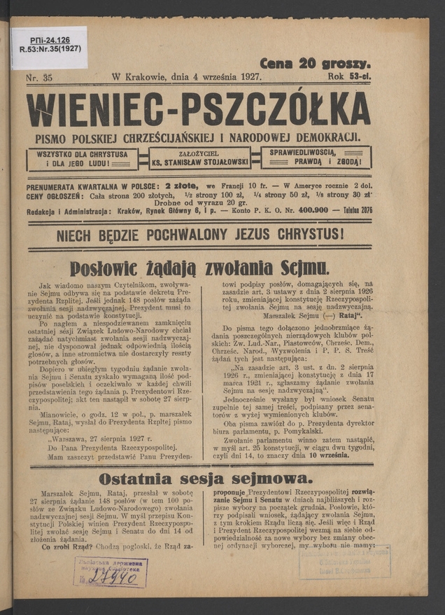 Wieniec-Pszcz&oacute;łka&nbsp;: pismo polskiej chrześcijańskiej i&nbsp;narodowej demokracji. Rok&nbsp;53, 1927, numer&nbsp;35