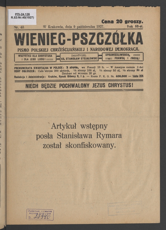 Wieniec-Pszcz&oacute;łka&nbsp;: pismo polskiej chrześcijańskiej i&nbsp;narodowej demokracji. Rok&nbsp;53, 1927, numer&nbsp;40