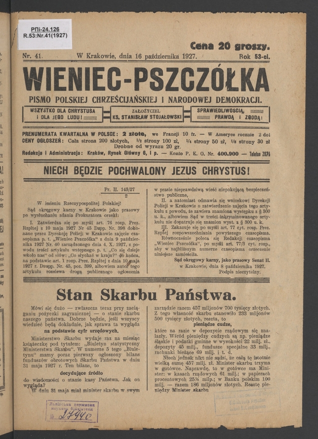 Wieniec-Pszcz&oacute;łka&nbsp;: pismo polskiej chrześcijańskiej i&nbsp;narodowej demokracji. Rok&nbsp;53, 1927, numer&nbsp;41
