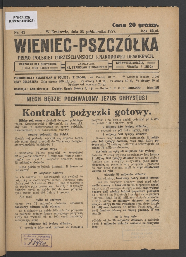 Wieniec-Pszcz&oacute;łka&nbsp;: pismo polskiej chrześcijańskiej i&nbsp;narodowej demokracji. Rok&nbsp;53, 1927, numer&nbsp;42