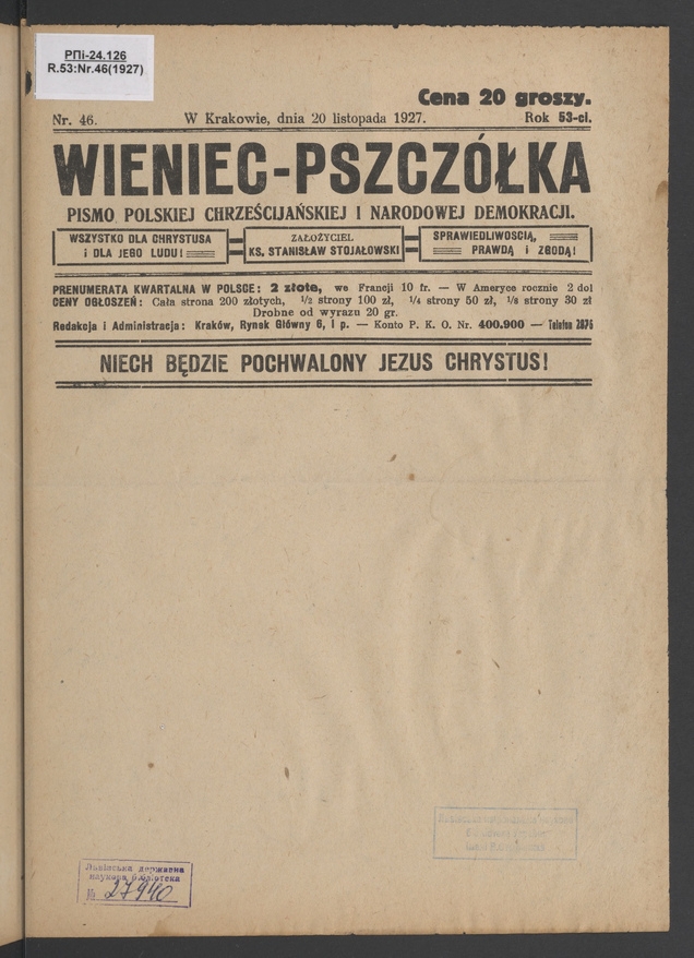 Wieniec-Pszcz&oacute;łka&nbsp;: pismo polskiej chrześcijańskiej i&nbsp;narodowej demokracji. Rok&nbsp;53, 1927, numer&nbsp;46
