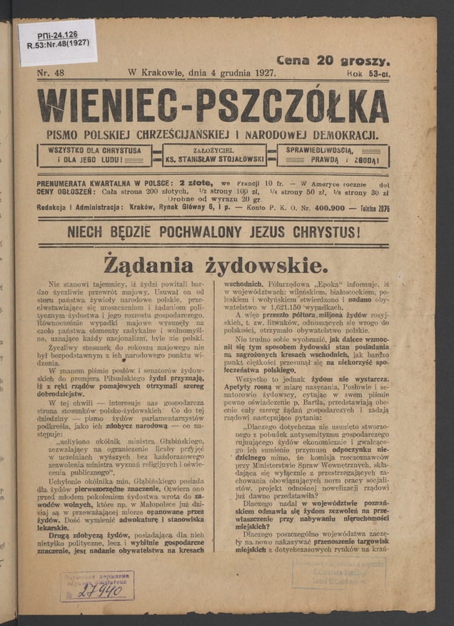 Wieniec-Pszcz&oacute;łka&nbsp;: pismo polskiej chrześcijańskiej i&nbsp;narodowej demokracji. Rok&nbsp;53, 1927, numer&nbsp;48