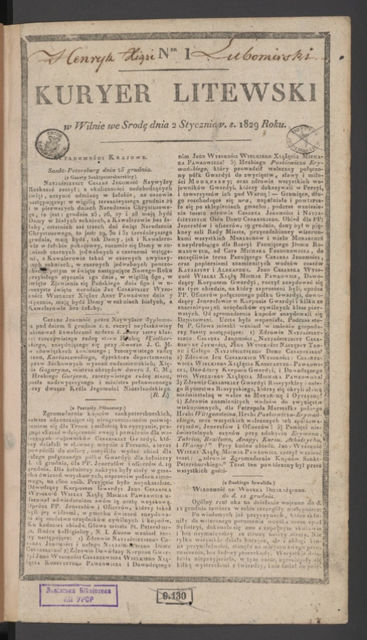Kuryer Litewski. 1829, numer&nbsp;1