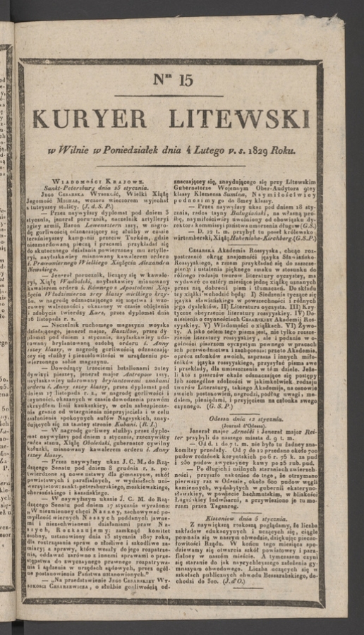Kuryer Litewski. 1829, numer&nbsp;15