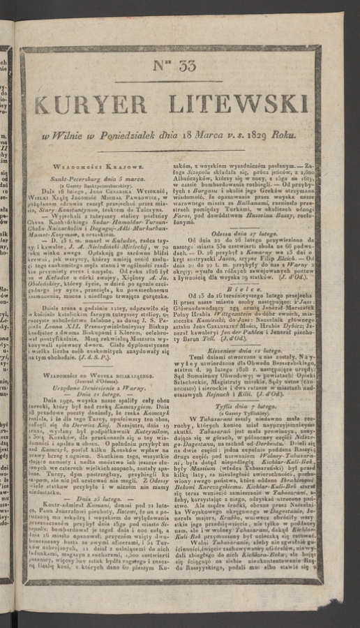 Kuryer Litewski. 1829, numer&nbsp;33