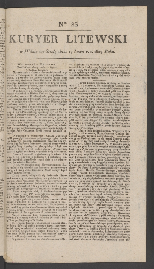 Kuryer Litewski. 1829, numer&nbsp;85