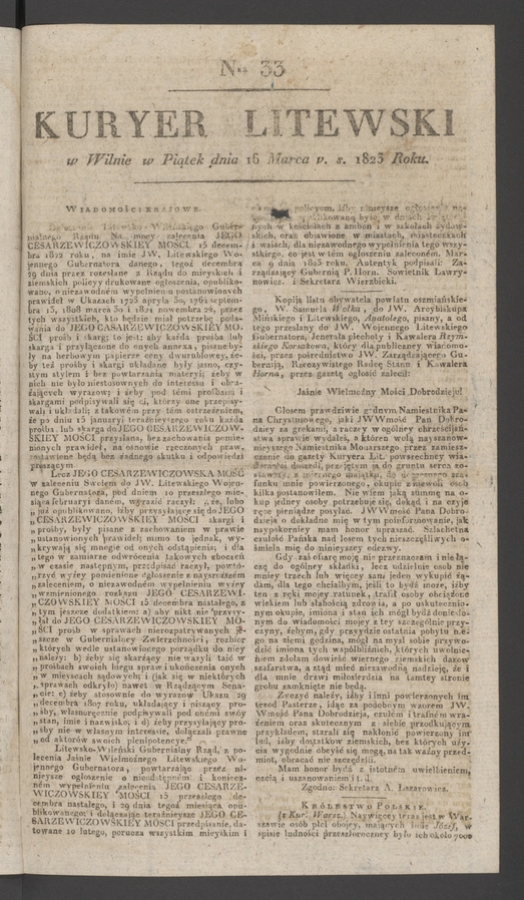 Kuryer Litewski. 1823, numer 33