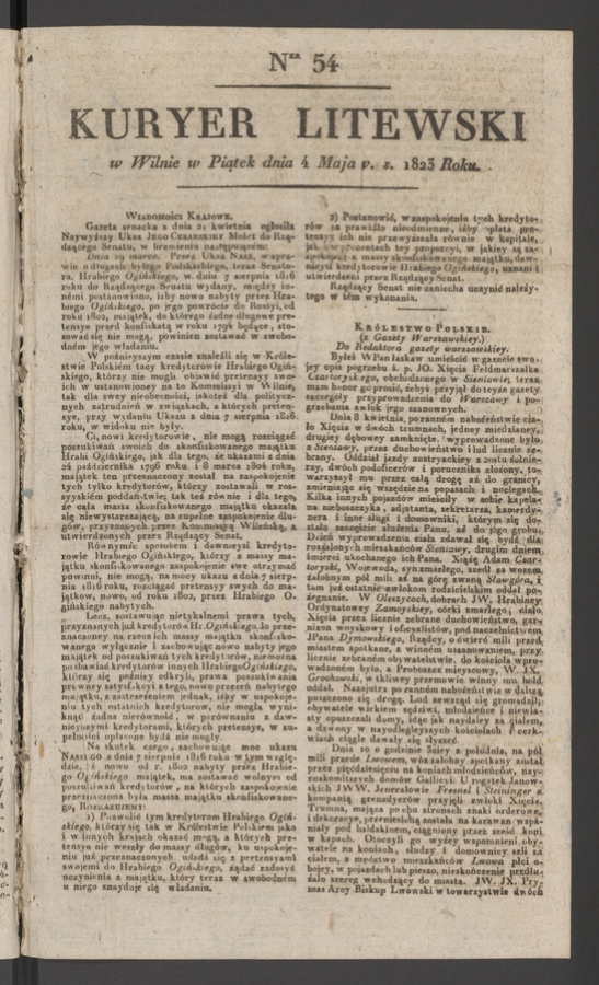 Kuryer Litewski. 1823, numer 54