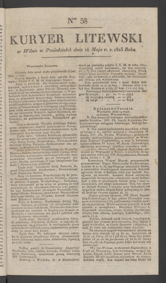Kuryer Litewski. 1823, numer 58