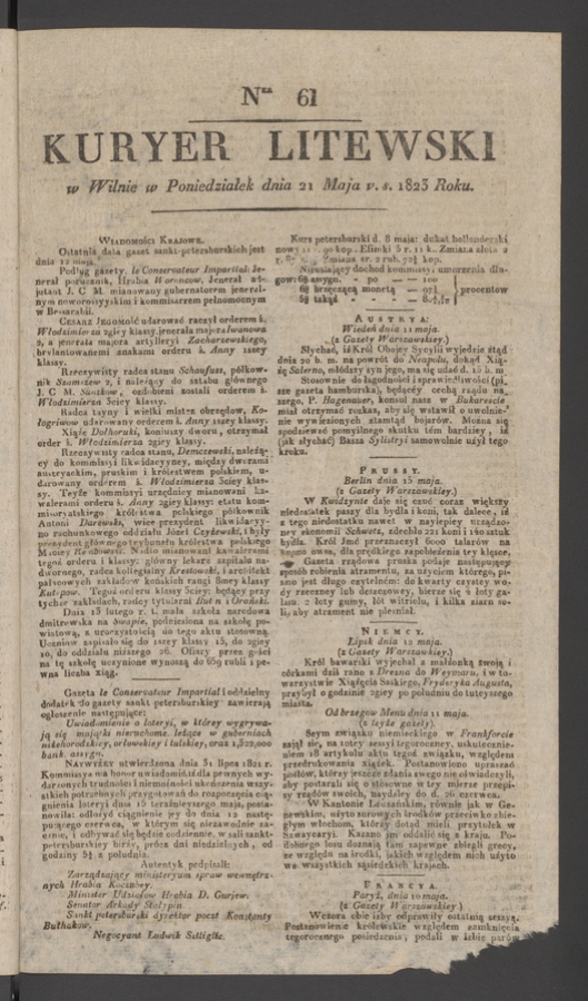 Kuryer Litewski. 1823, numer 61