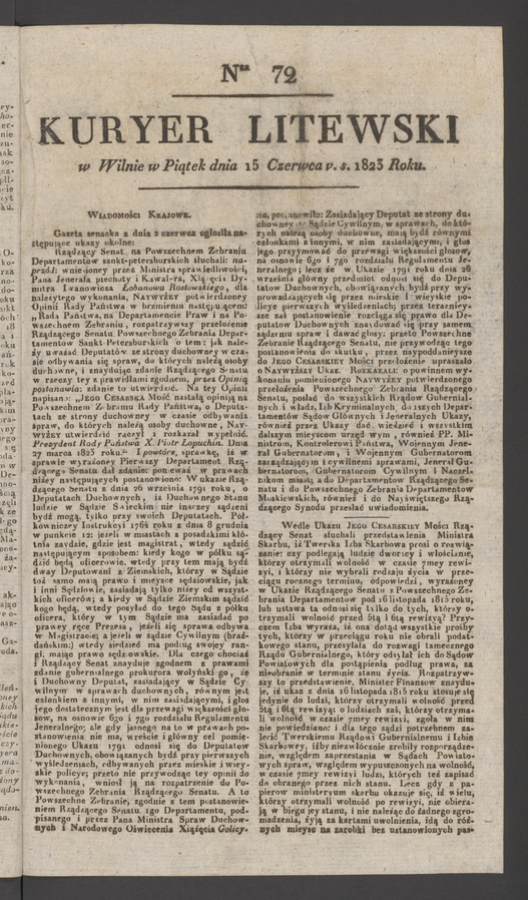 Kuryer Litewski. 1823, numer 72