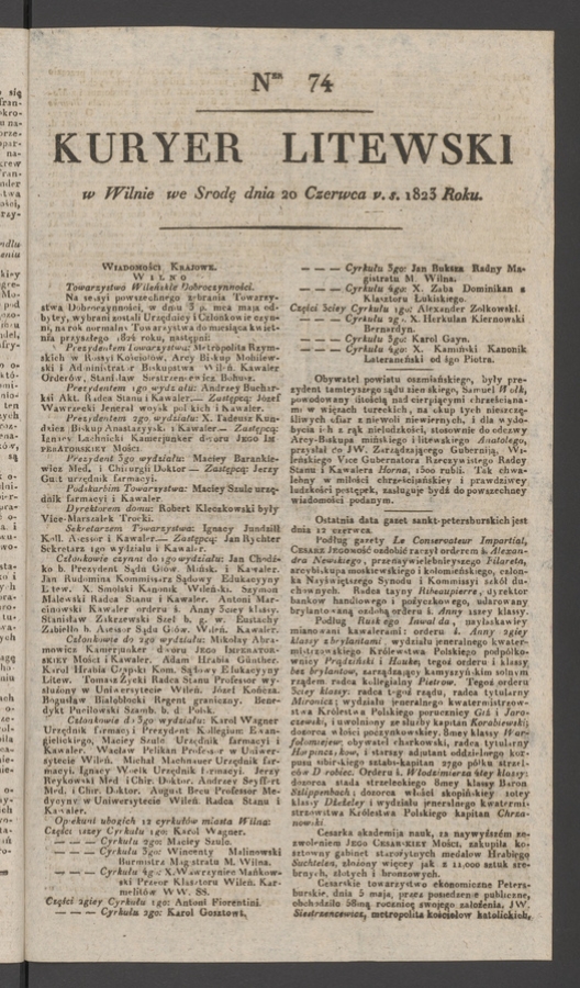 Kuryer Litewski. 1823, numer 74