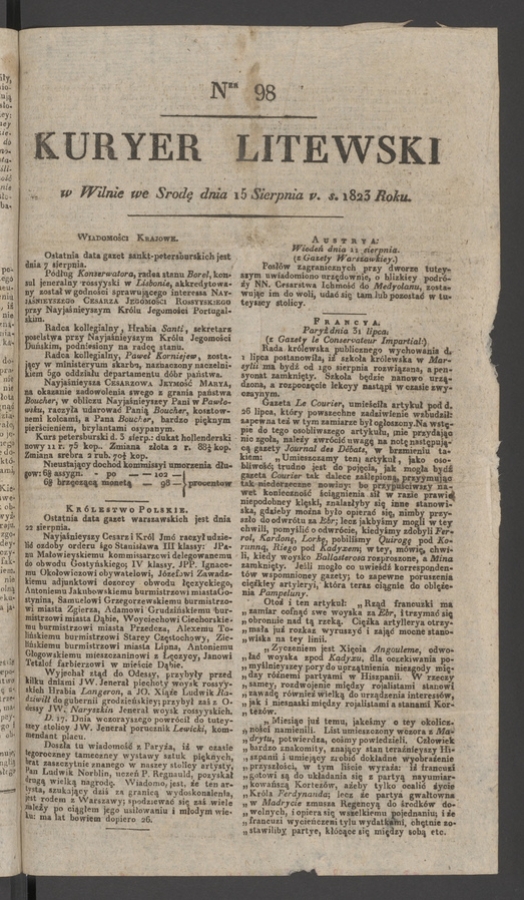 Kuryer Litewski. 1823, numer 98
