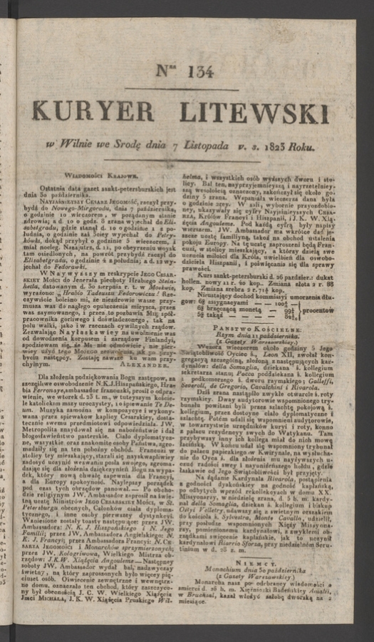 Kuryer Litewski. 1823, numer 134