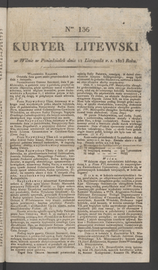 Kuryer Litewski. 1823, numer 136
